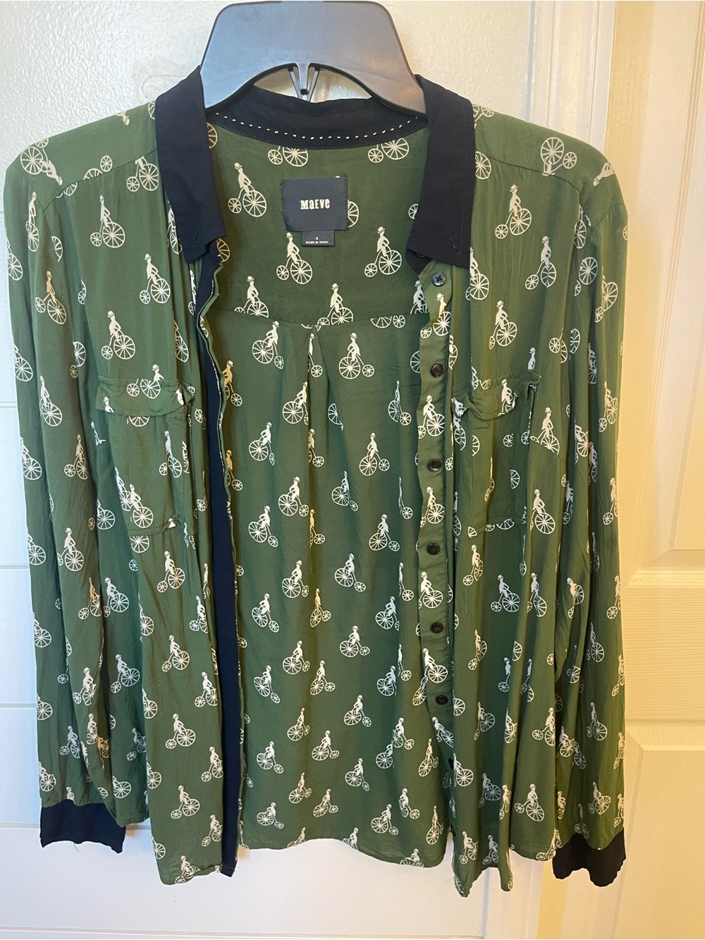 Maeve Green Bicycle-Print Lightweight Shirt Jacket with Black Trim